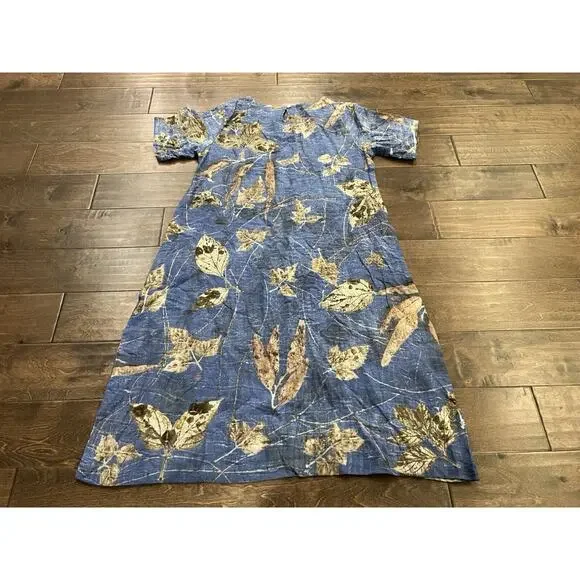Novica Womens Blue Fall Leaves 100% Cotton Dress Short Sleeve Size M MEDIUM - Picture 3 of 8